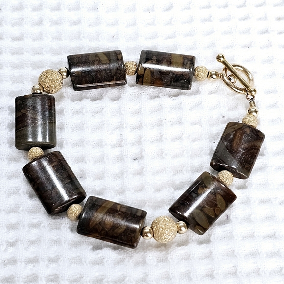 Jewelry - Vintage 14KGP Gold and Brown Jasper Gemstone Beaded Bracelet